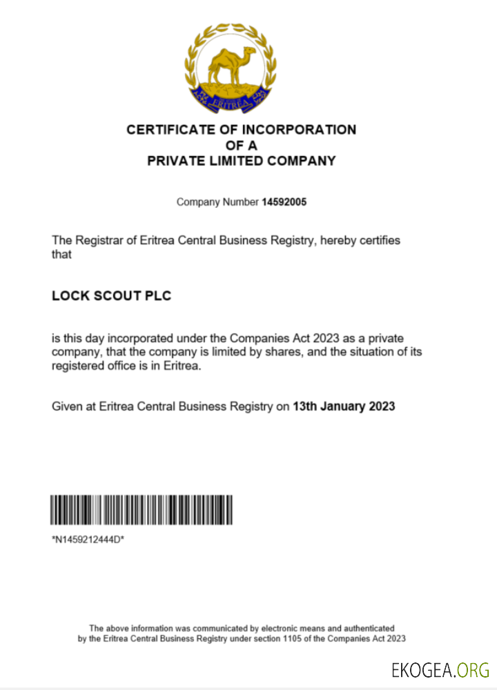 Modèle Word et PDF de certificat d'enregistrement en Érythrée